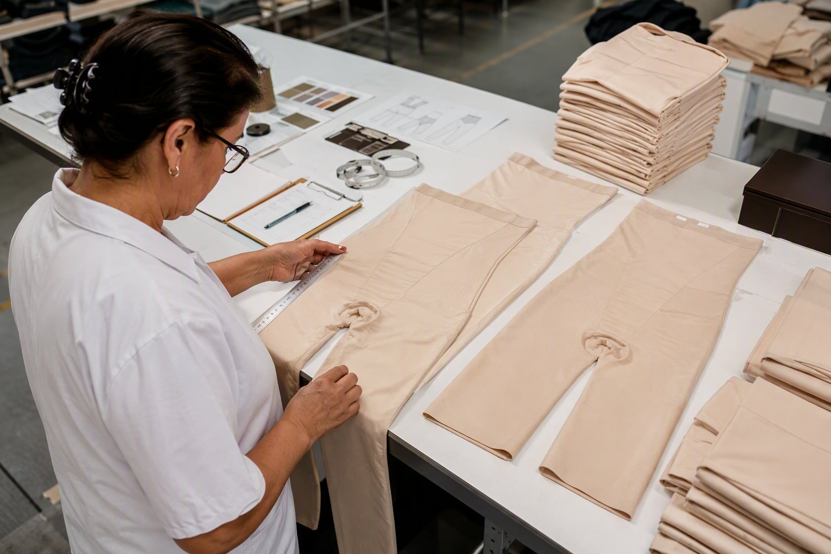 Reviewing the measurements and specifications of a shapewear style within the product team