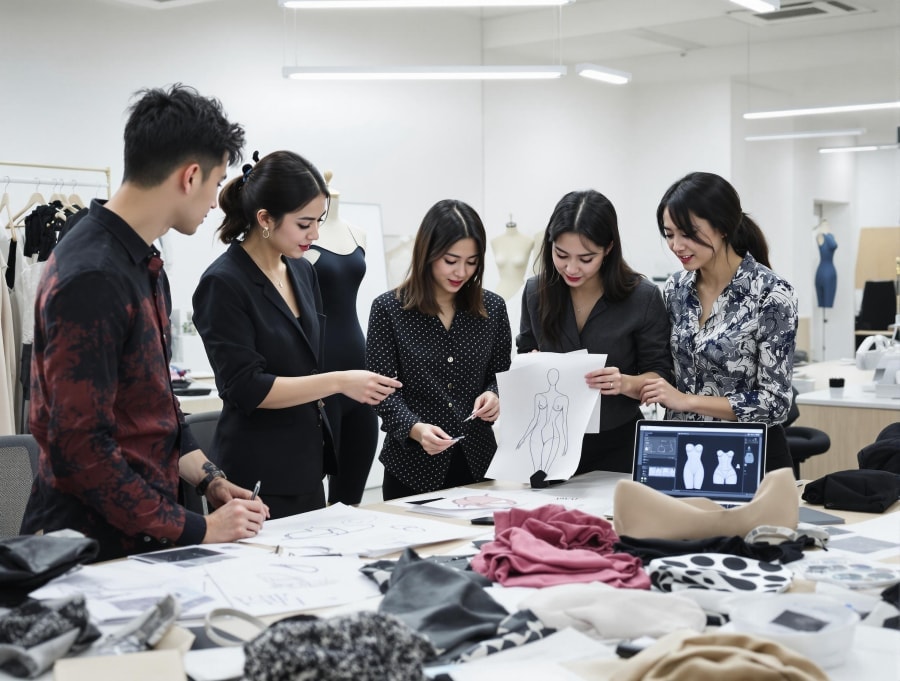 Product team coordinating shapewear models, materials, and designs